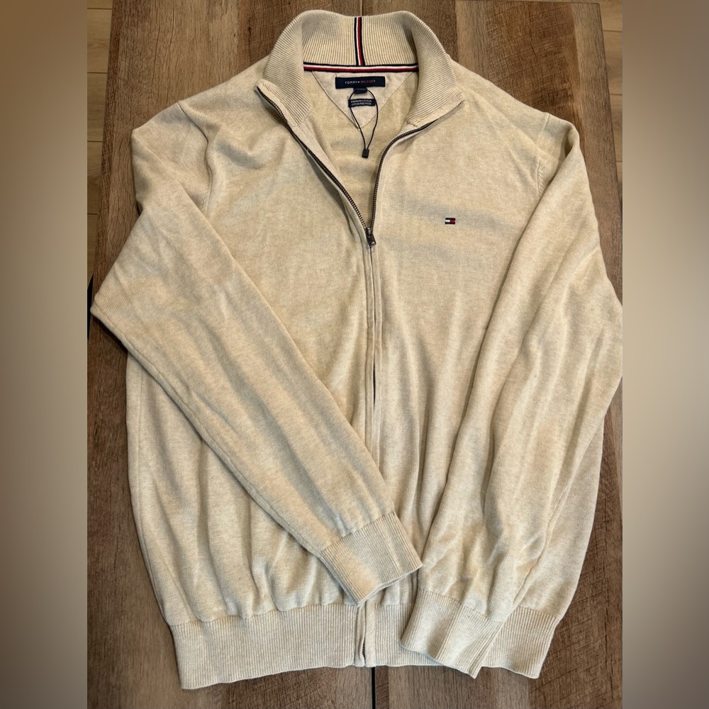 Tommy Hilfiger XLT Zip Up Jacket Mock Neck Cream Beige Cotton Preppy Heritage‎
